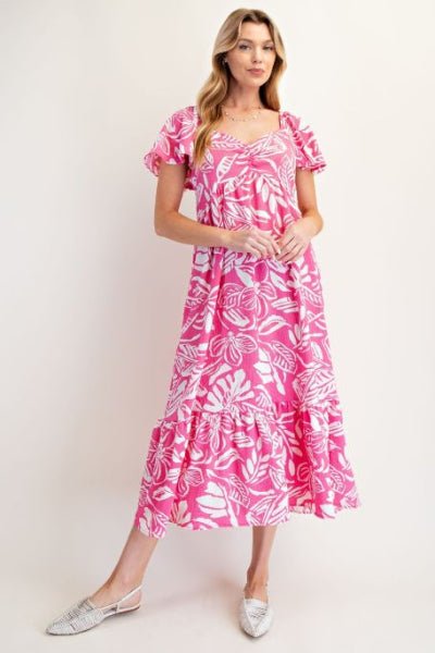 easel maxi dress Easel| Short Sleeve Tropical Printed Knit Popcorn Maxi Dress| Malibu Pink| S-L S