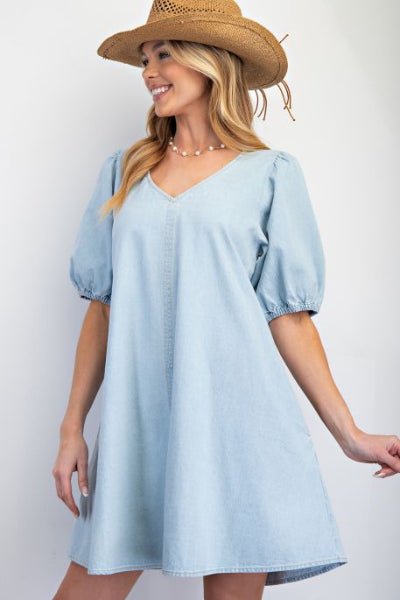Easel | Short Sleeve Washed Denim V Neck Dress| Light Denim | S-L S