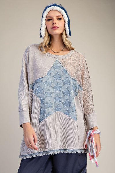 Easel Star Patch Detailing Washed Waffle Knit Top - Cowtown Bling N Things