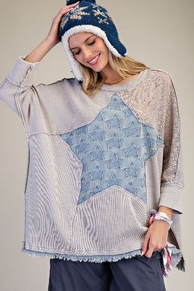 Easel Star Patch Detailing Washed Waffle Knit Top - Cowtown Bling N Things