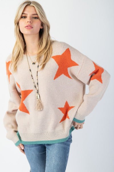 Easel Star Pattern Knit Sweater Pullover – Relaxed Fit Contrast Trim Sweater - Cowtown Bling N Things