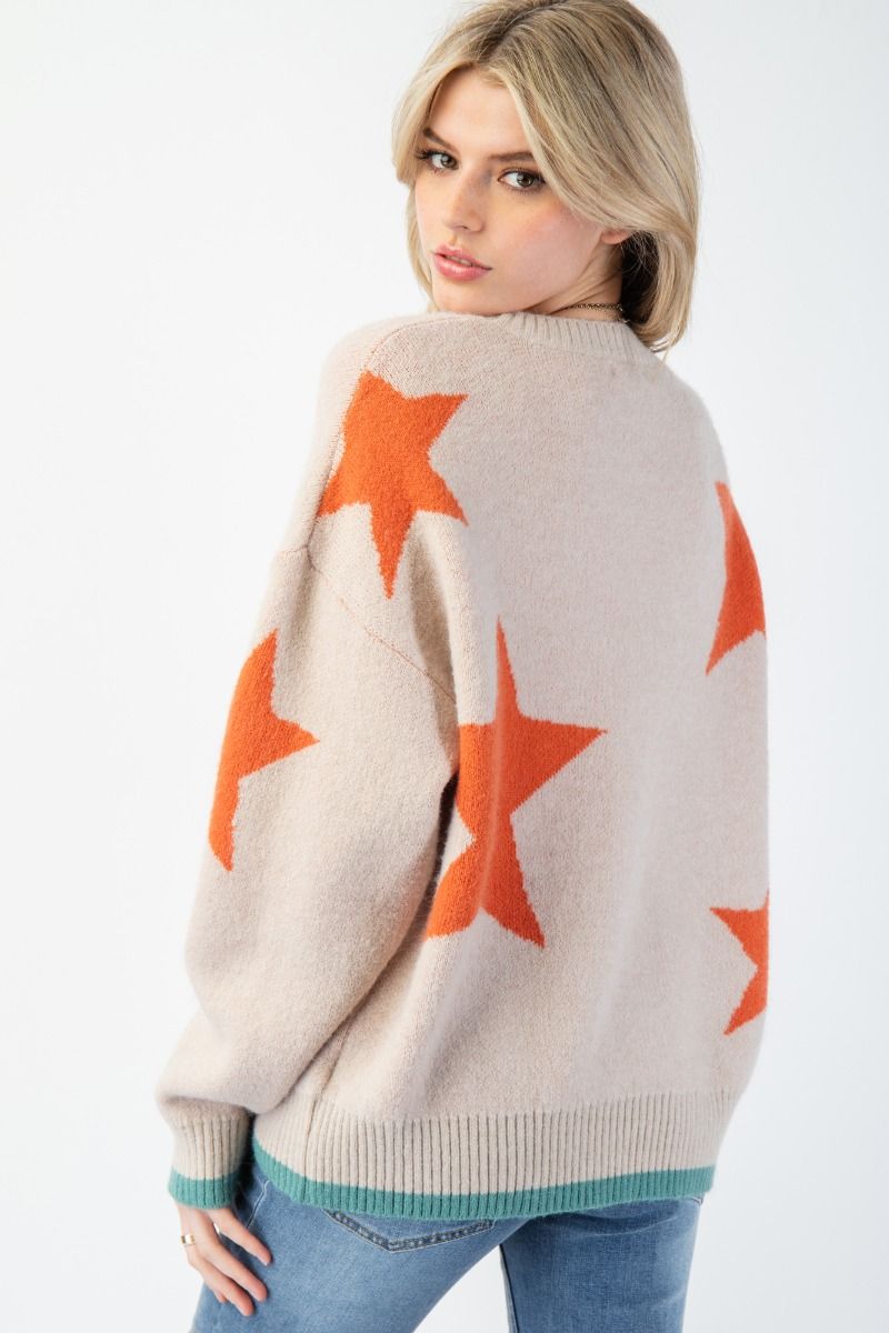 Easel Star Pattern Knit Sweater Pullover – Relaxed Fit Contrast Trim Sweater - Cowtown Bling N Things