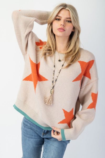 Easel Star Pattern Knit Sweater Pullover – Relaxed Fit Contrast Trim Sweater - Cowtown Bling N Things