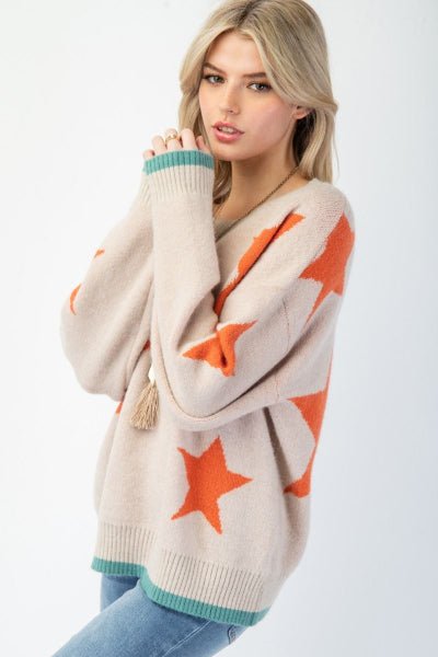 Easel Star Pattern Knit Sweater Pullover – Relaxed Fit Contrast Trim Sweater - Cowtown Bling N Things