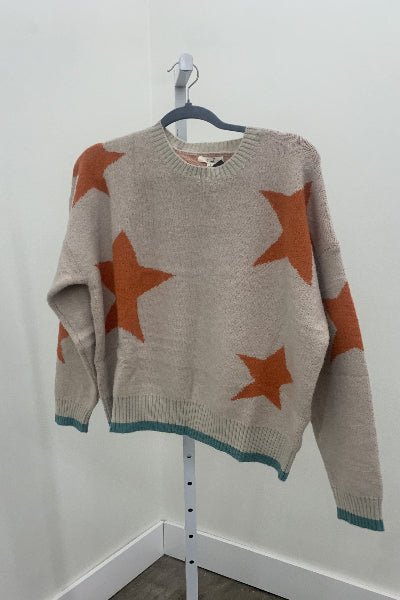 Easel Star Pattern Knit Sweater Pullover – Relaxed Fit Contrast Trim Sweater - Cowtown Bling N Things