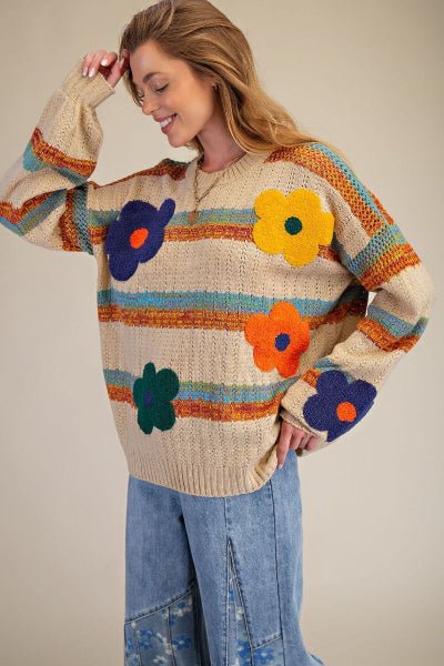 Easel Striped Flower Patch Knit Sweater Pullover - Cowtown Bling N Things