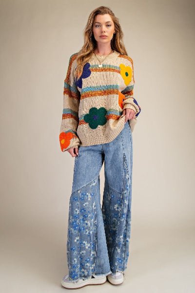Easel Striped Flower Patch Knit Sweater Pullover - Cowtown Bling N Things