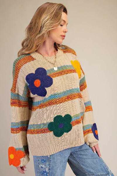 Easel Striped Flower Patch Knit Sweater Pullover - Cowtown Bling N Things
