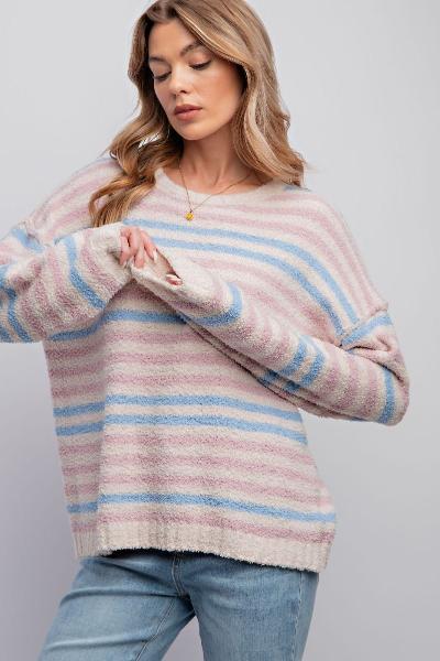 Easel| Striped Pattern Knitted Sweater Pullover| Ivory| S - L - Cowtown Bling N Things
