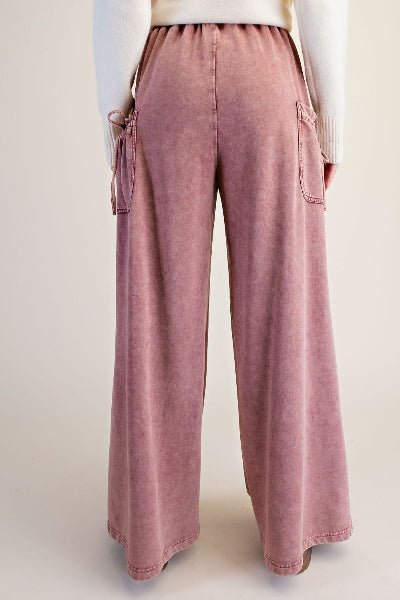 Easel Washed Terry Knit Wide Leg Cargo Pants, Mineral Wash - Cowtown Bling N Things