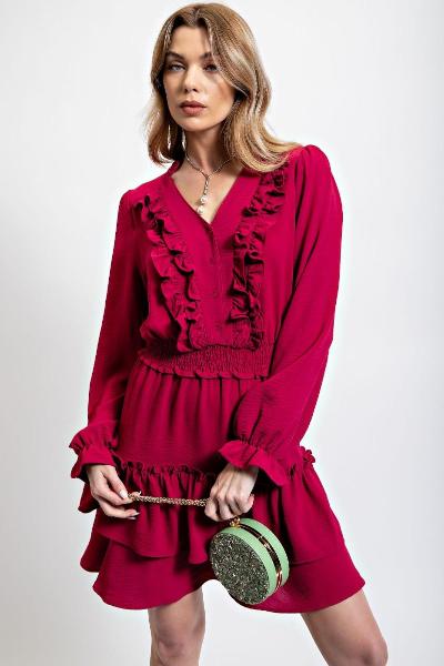 Easel| Poly Crepe Ruffle Dress| Magenta |S-L