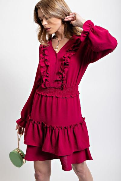 Easel| Poly Crepe Ruffle Dress| Magenta |S-L