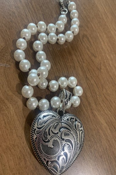 Etched Puffy Heart On 12mm Faux Pearl Necklace - Cowtown Bling N Things