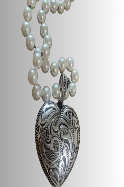 Etched Puffy Heart On 12mm Faux Pearl Necklace - Cowtown Bling N Things