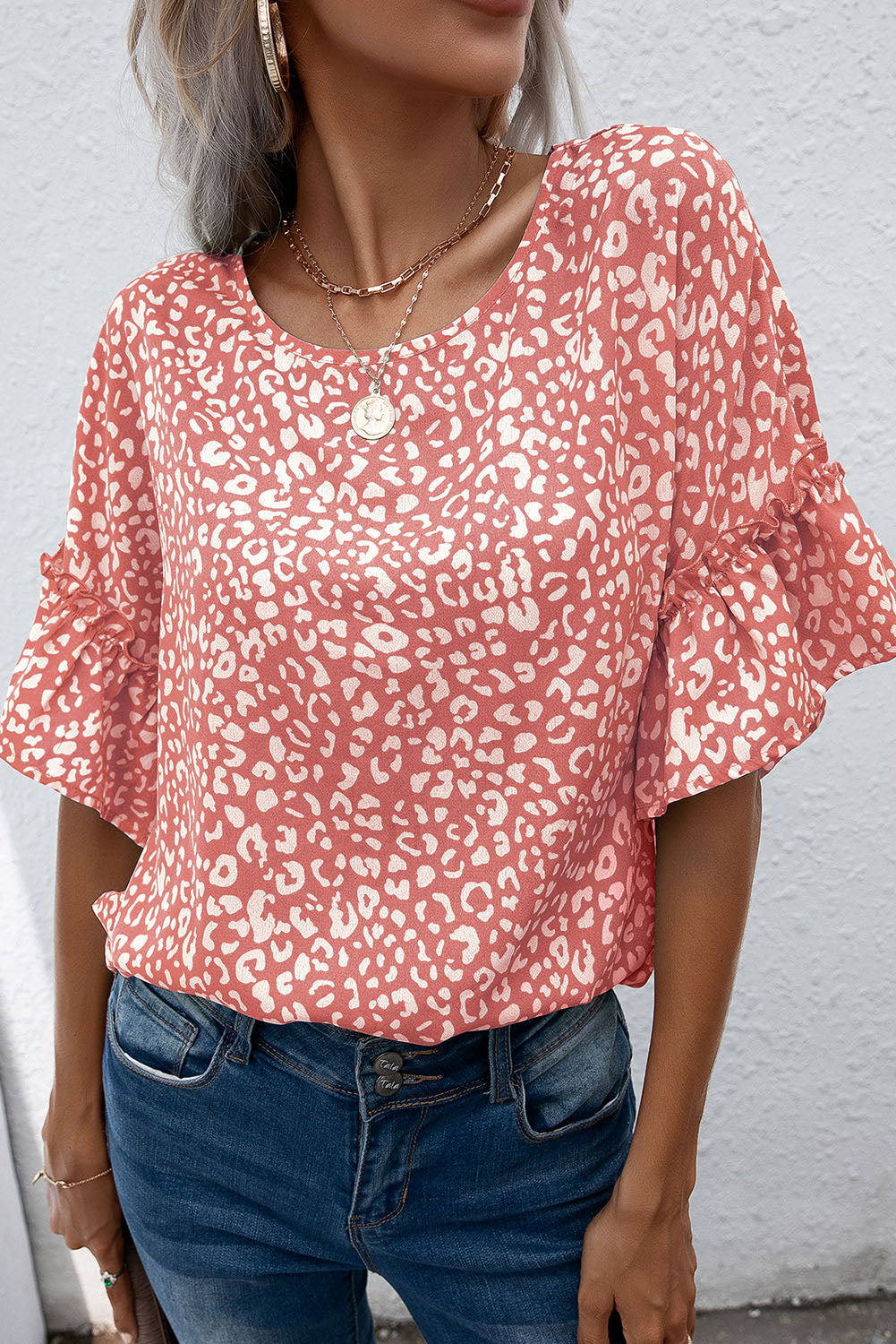 Pink Leopard Print Casual Flounce Sleeve Blouse for Women - Cowtown Bling N Things