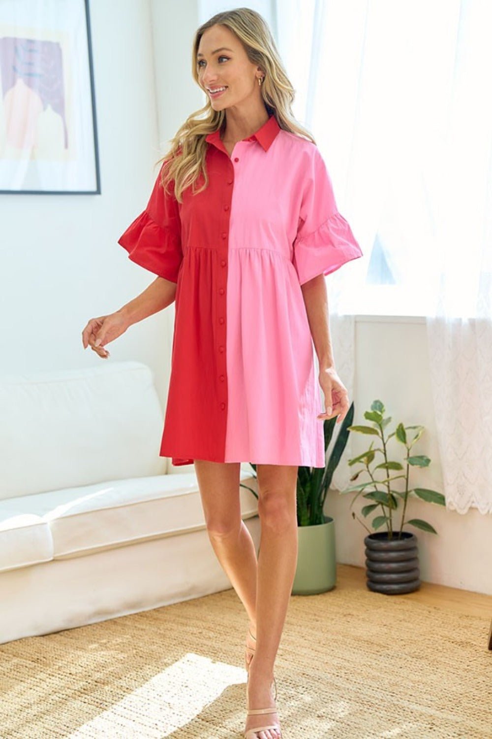 First Love Full Size Color Blocked Button Down Babydoll Dress - Cowtown Bling N Things