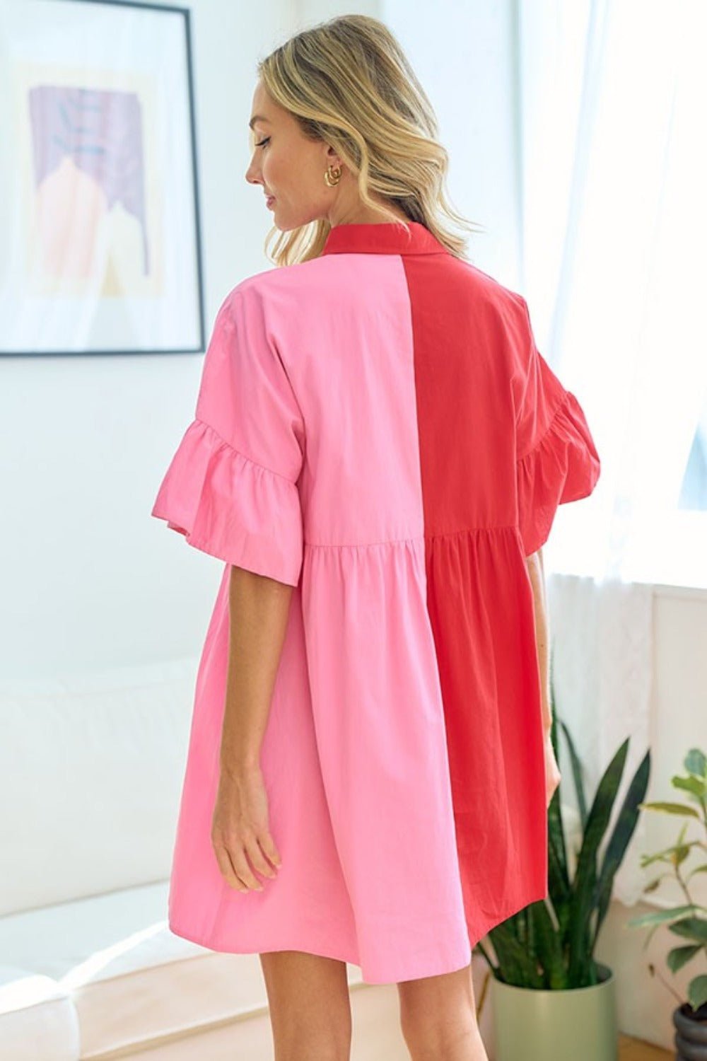 First Love Full Size Color Blocked Button Down Babydoll Dress - Cowtown Bling N Things