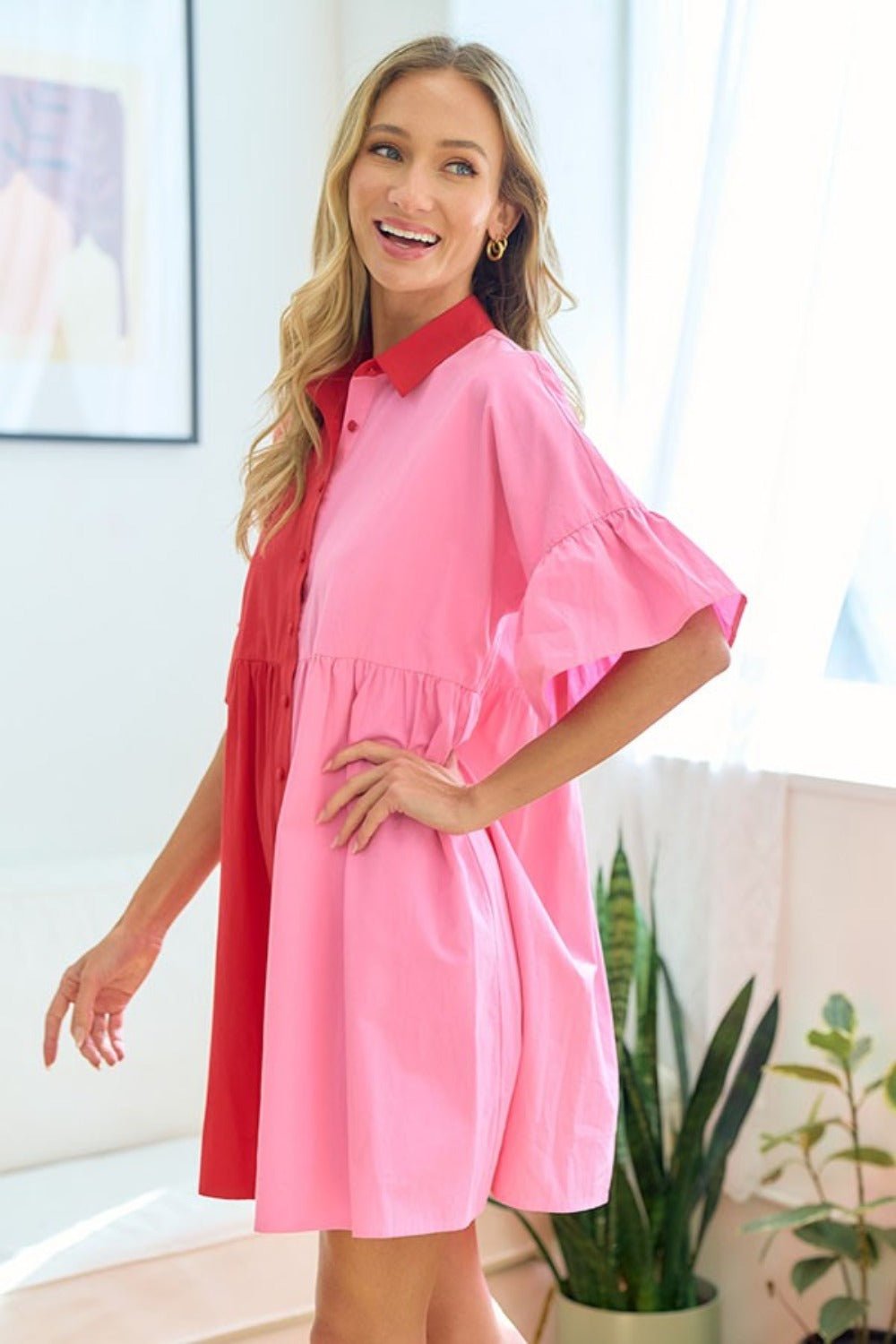 First Love Full Size Color Blocked Button Down Babydoll Dress - Cowtown Bling N Things