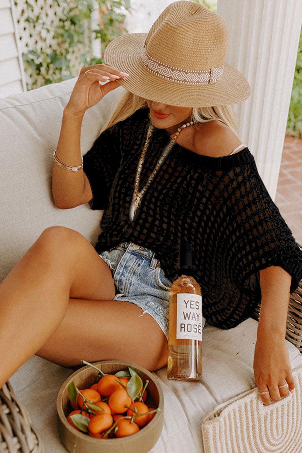Fishnet Knit Ribbed Round Neck Short Sleeve Tee - Cowtown Bling N Things