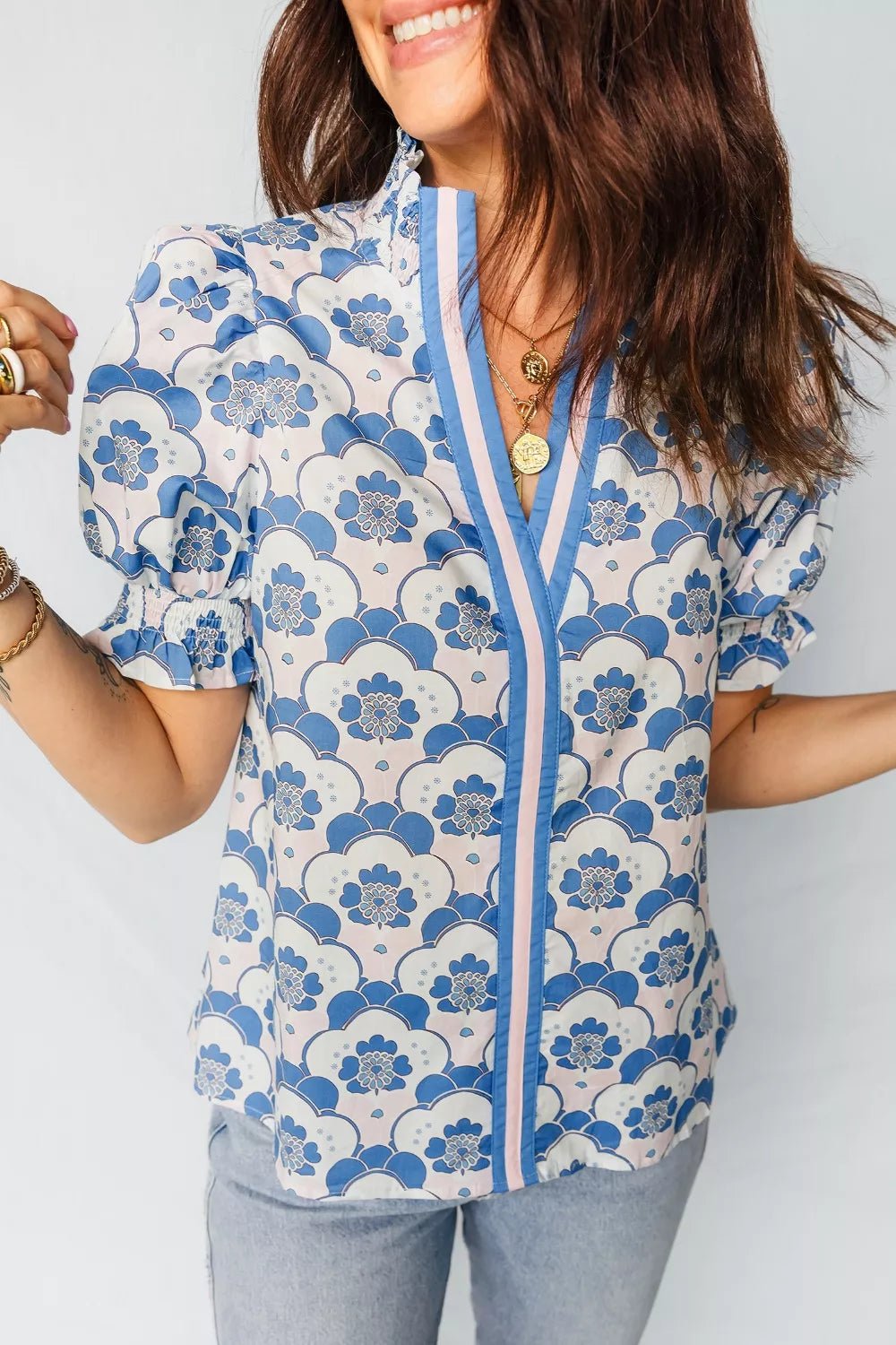 Floral Print Puff Sleeve Blouse - Cowtown Bling N Things