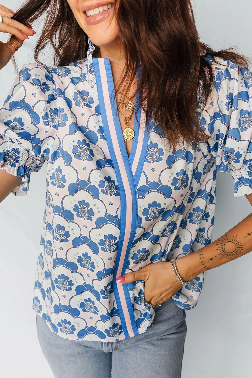 Floral Print Puff Sleeve Blouse - Cowtown Bling N Things