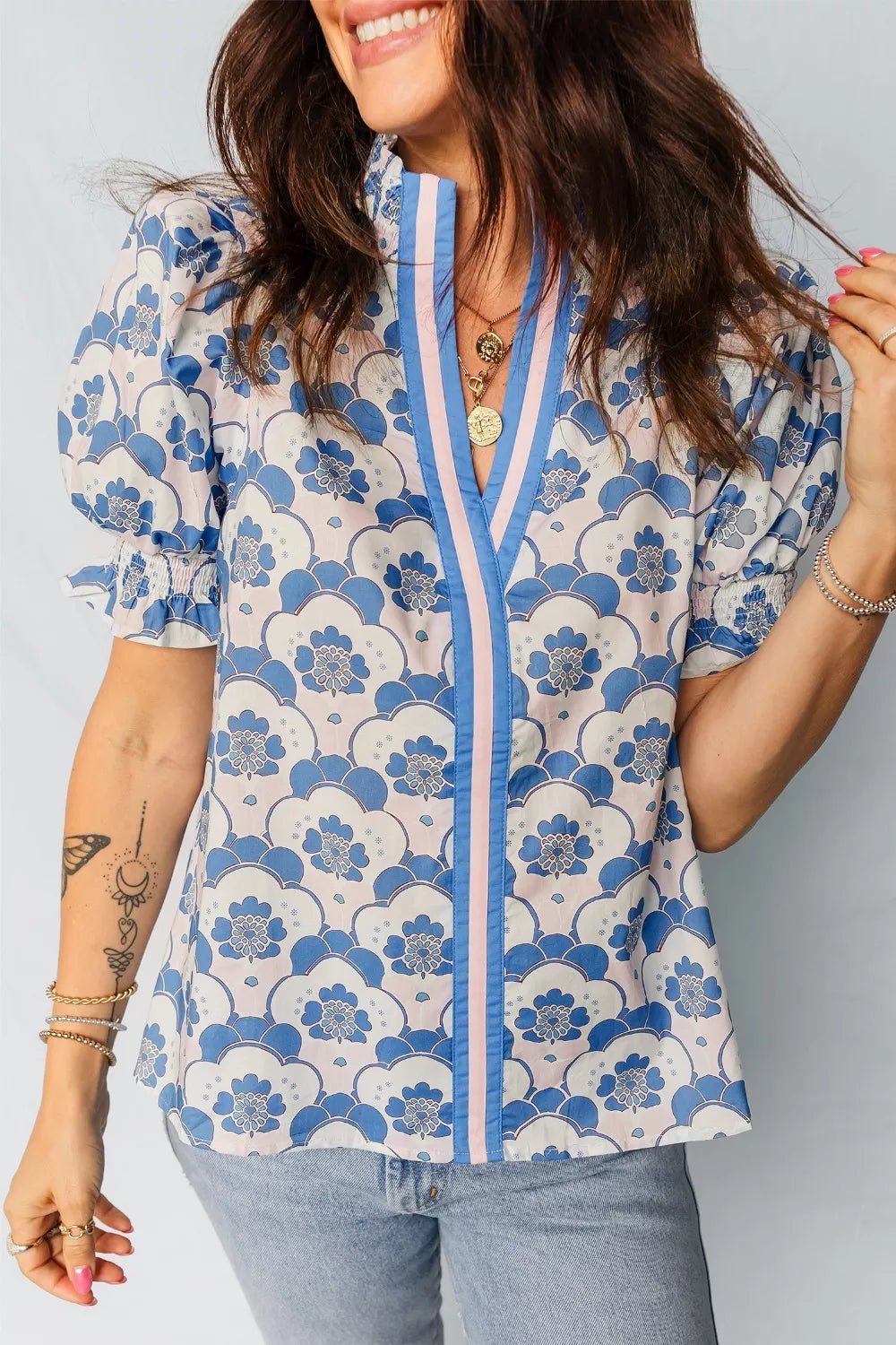 Floral Print Puff Sleeve Blouse - Cowtown Bling N Things