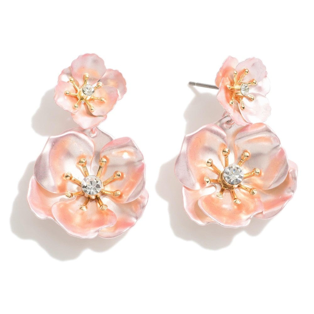 Flower Drop Earrings With Rhinestone Center - Approximately 2" Length - Cowtown Bling N Things