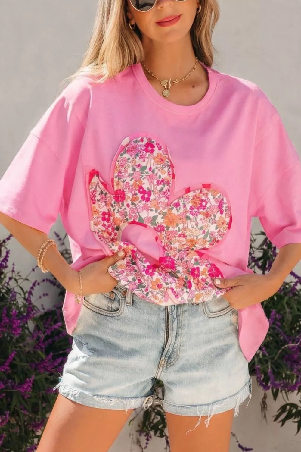 Flower Patched Round Neck Tunic T-Shirt - Cowtown Bling N Things