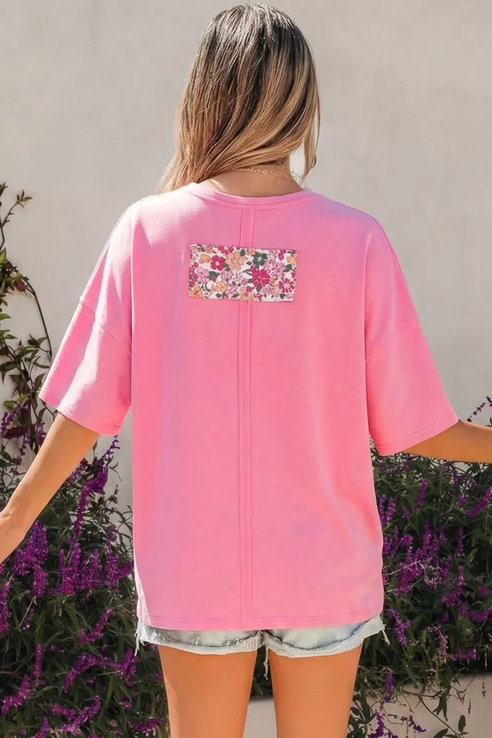 Flower Patched Round Neck Tunic T-Shirt - Cowtown Bling N Things