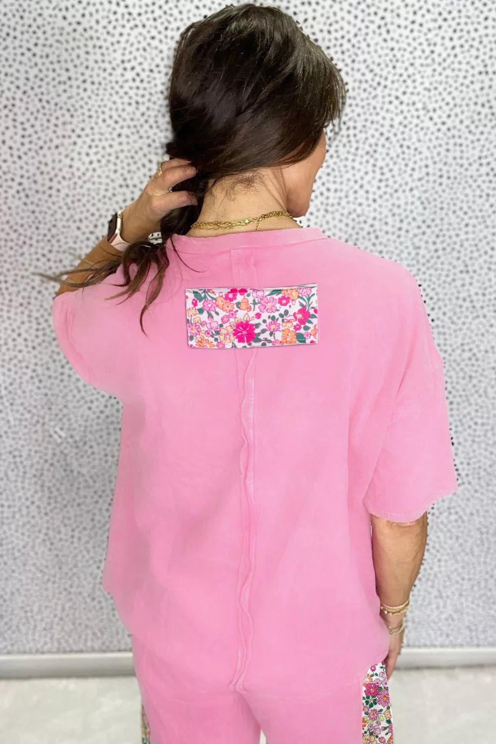 Flower Patched Round Neck Tunic T-Shirt - Cowtown Bling N Things