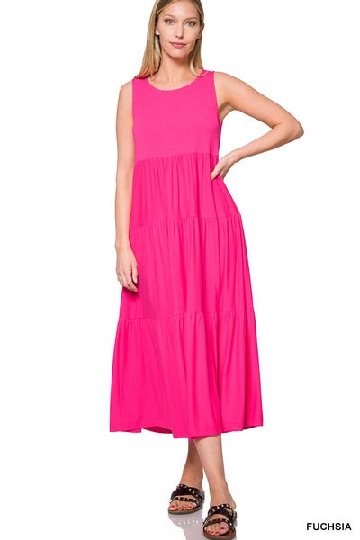 Fucshia Tiered Midi Dress (Curvy Fit) | Sleeveless & Flowy - Cowtown Bling N Things