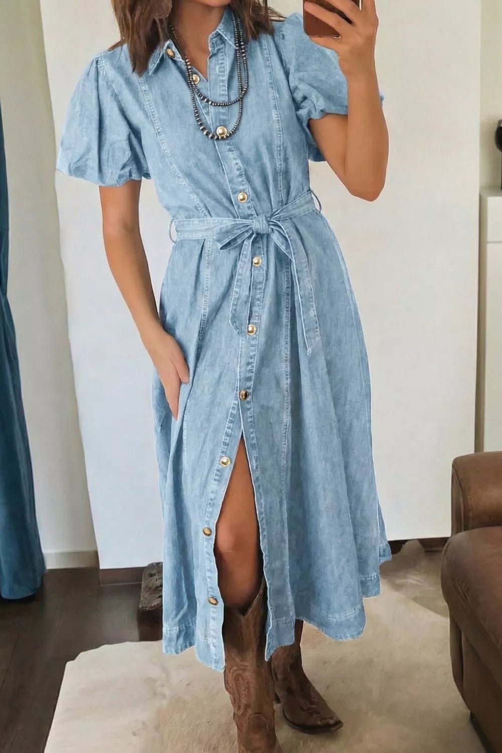 Full Buttons Collared Short Bubble Sleeve Long Denim Dress - Cowtown Bling N Things