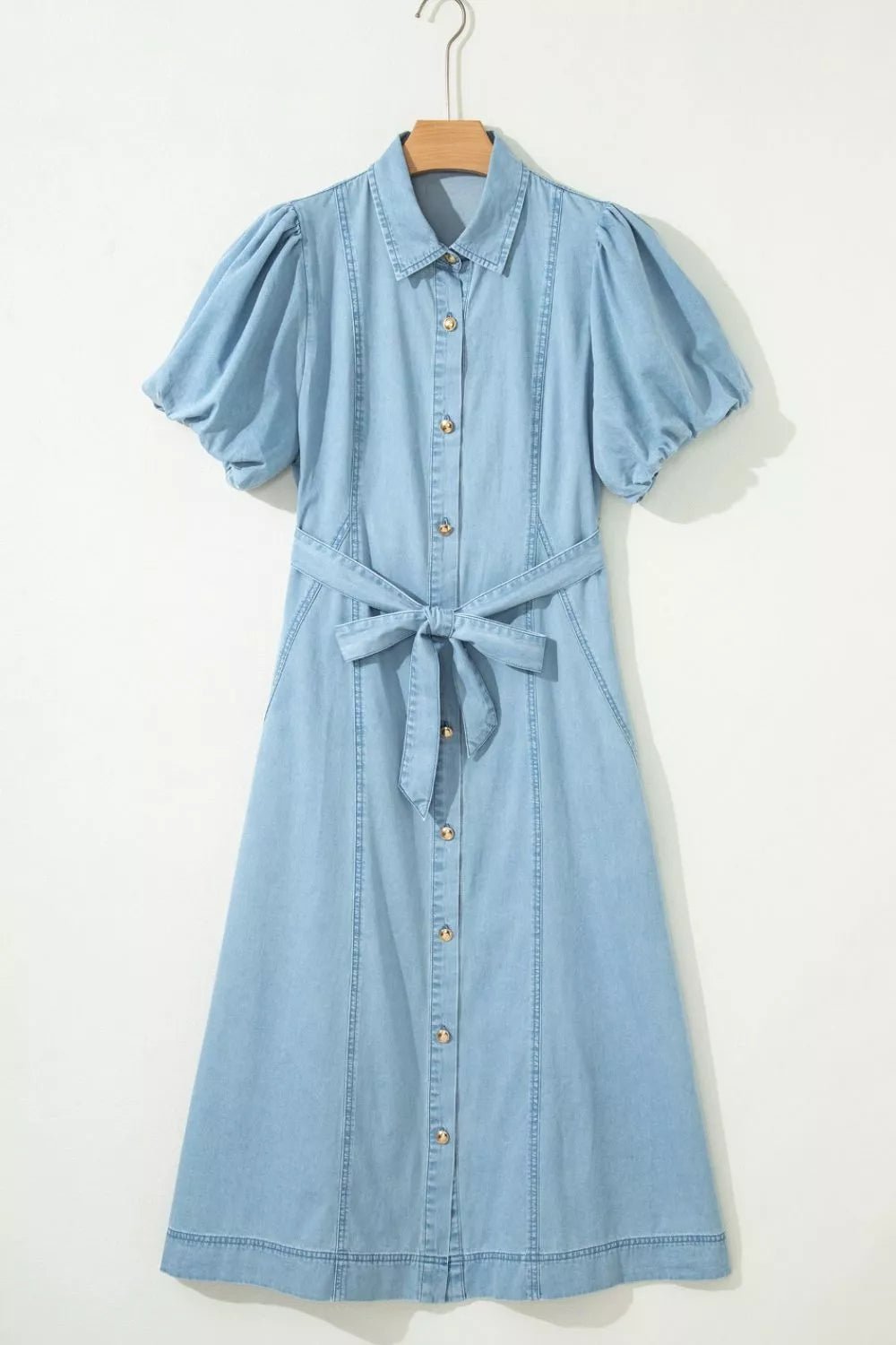 Full Buttons Collared Short Bubble Sleeve Long Denim Dress - Cowtown Bling N Things