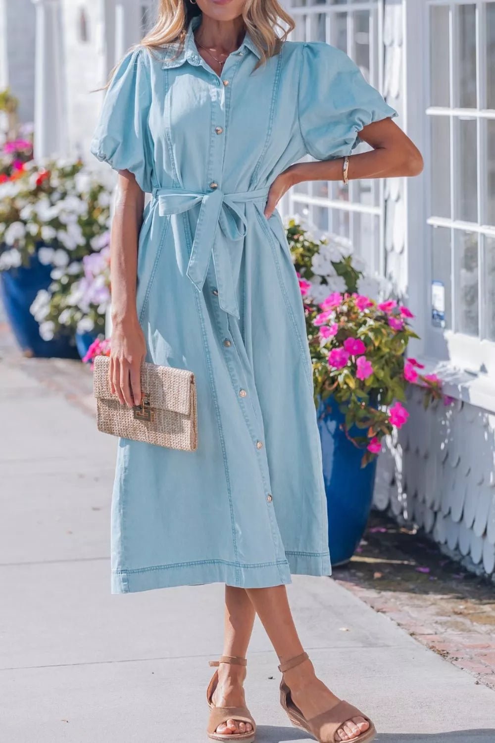 Full Buttons Collared Short Bubble Sleeve Long Denim Dress - Cowtown Bling N Things