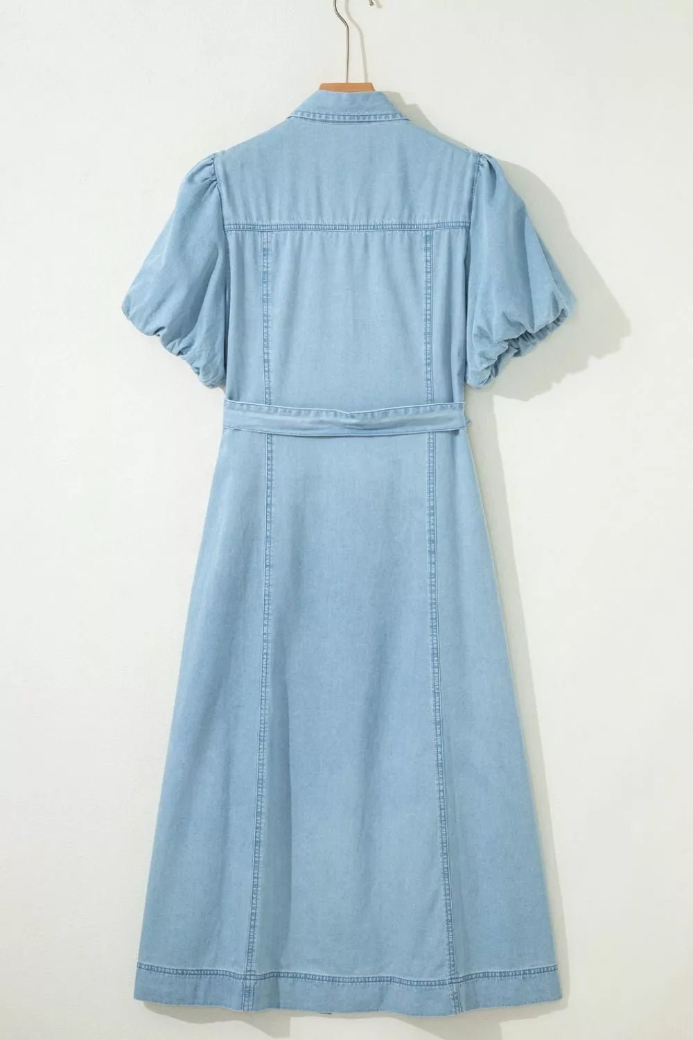 Full Buttons Collared Short Bubble Sleeve Long Denim Dress - Cowtown Bling N Things