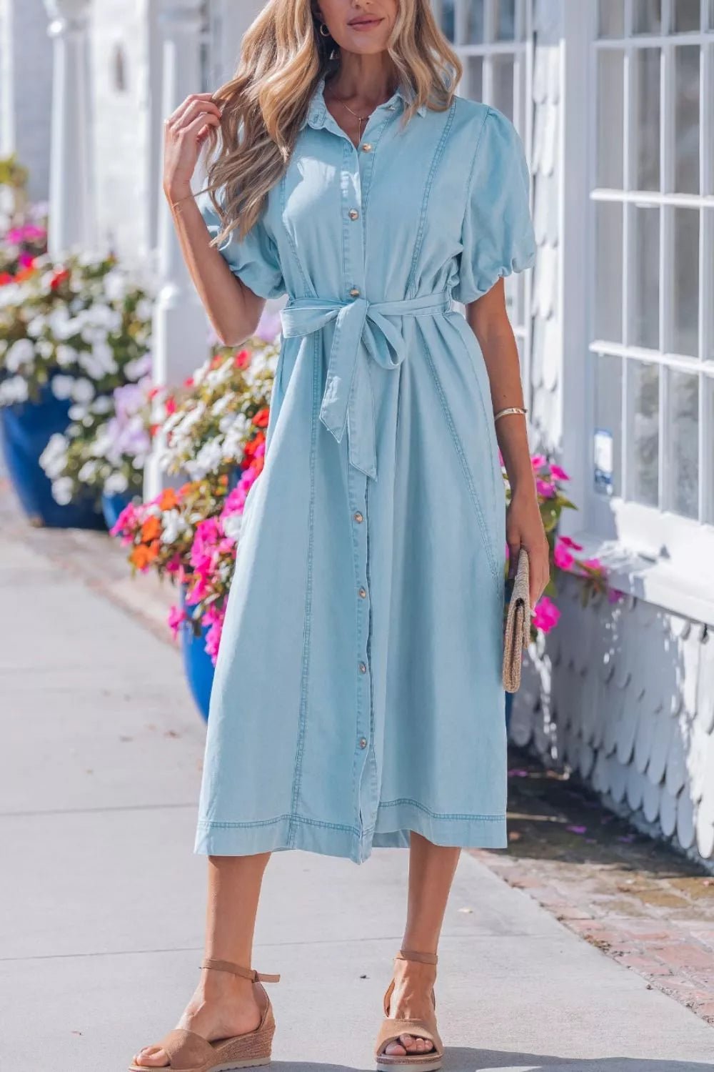 Full Buttons Collared Short Bubble Sleeve Long Denim Dress - Cowtown Bling N Things
