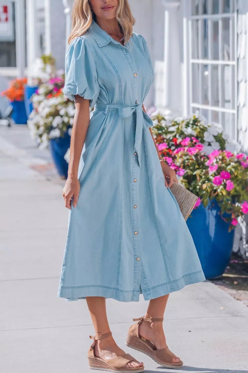 Full Buttons Collared Short Bubble Sleeve Long Denim Dress - Cowtown Bling N Things