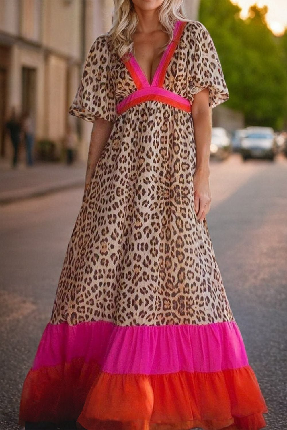 Full Size Leopard V - Neck Half Sleeve Maxi Dress - Cowtown Bling N Things