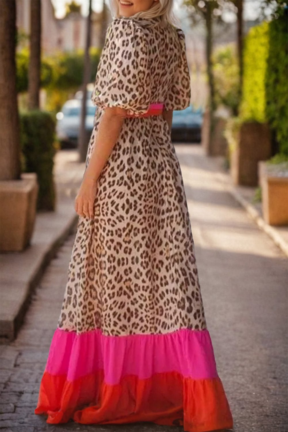 Full Size Leopard V - Neck Half Sleeve Maxi Dress - Cowtown Bling N Things