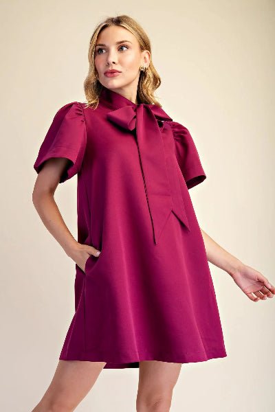 Glam | Bow Neck Puff Sleeve Mini Dress - Cowtown Bling N Things