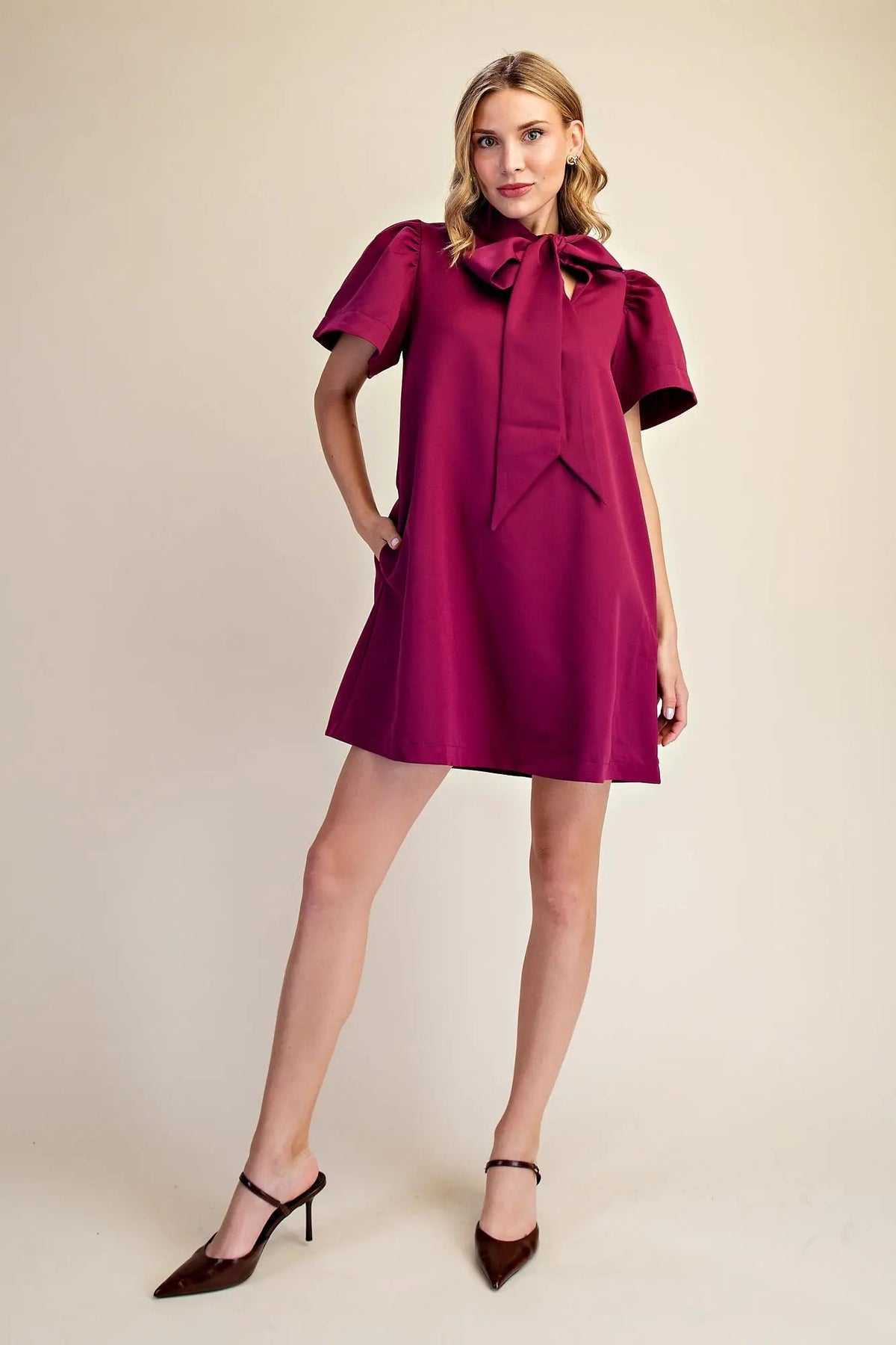 Glam | Bow Neck Puff Sleeve Mini Dress - Cowtown Bling N Things