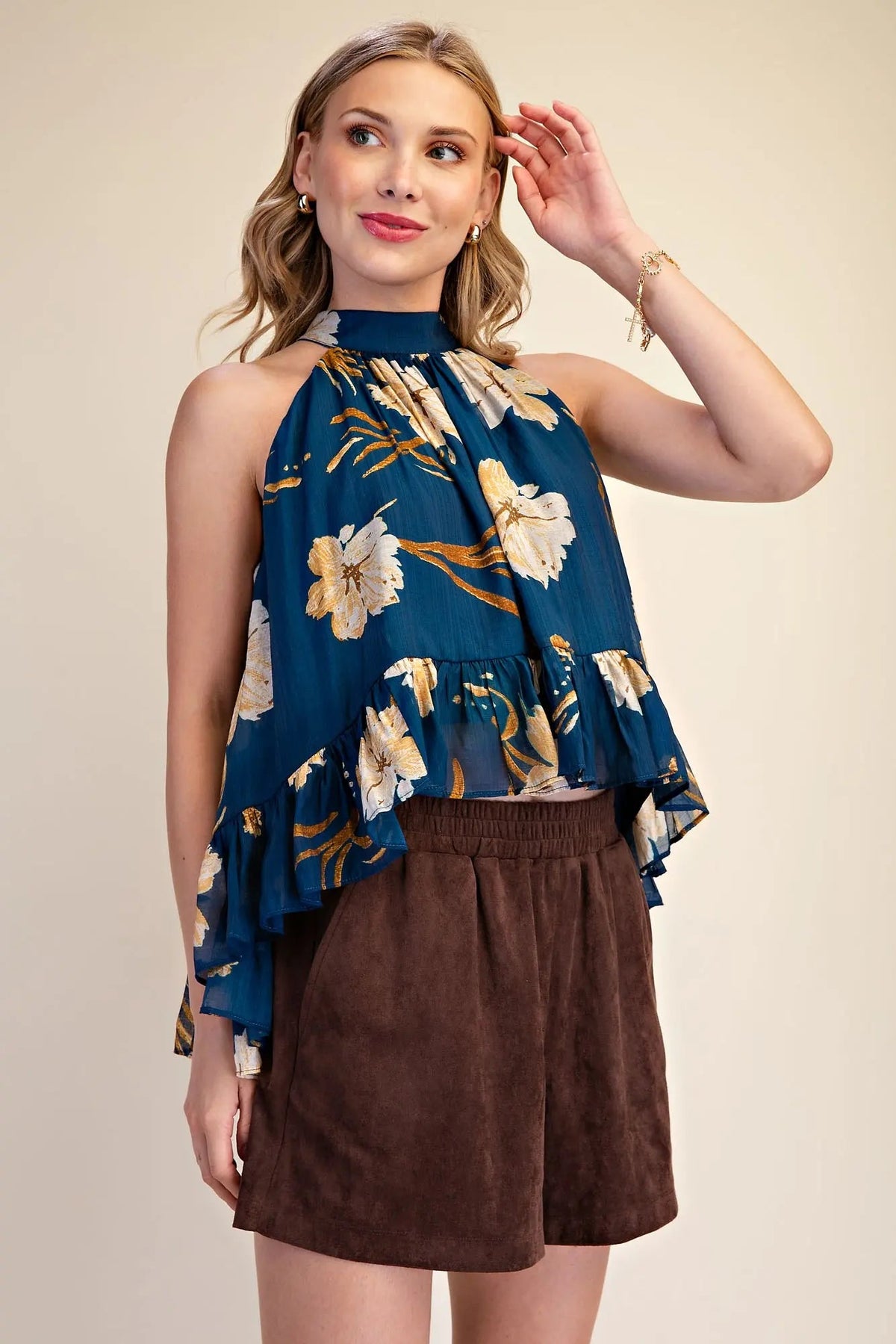 Glam Halter Neck Sleeveless Ruffle Hem Floral Top - Cowtown Bling N Things