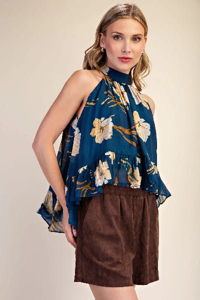 Glam Halter Neck Sleeveless Ruffle Hem Floral Top - Cowtown Bling N Things