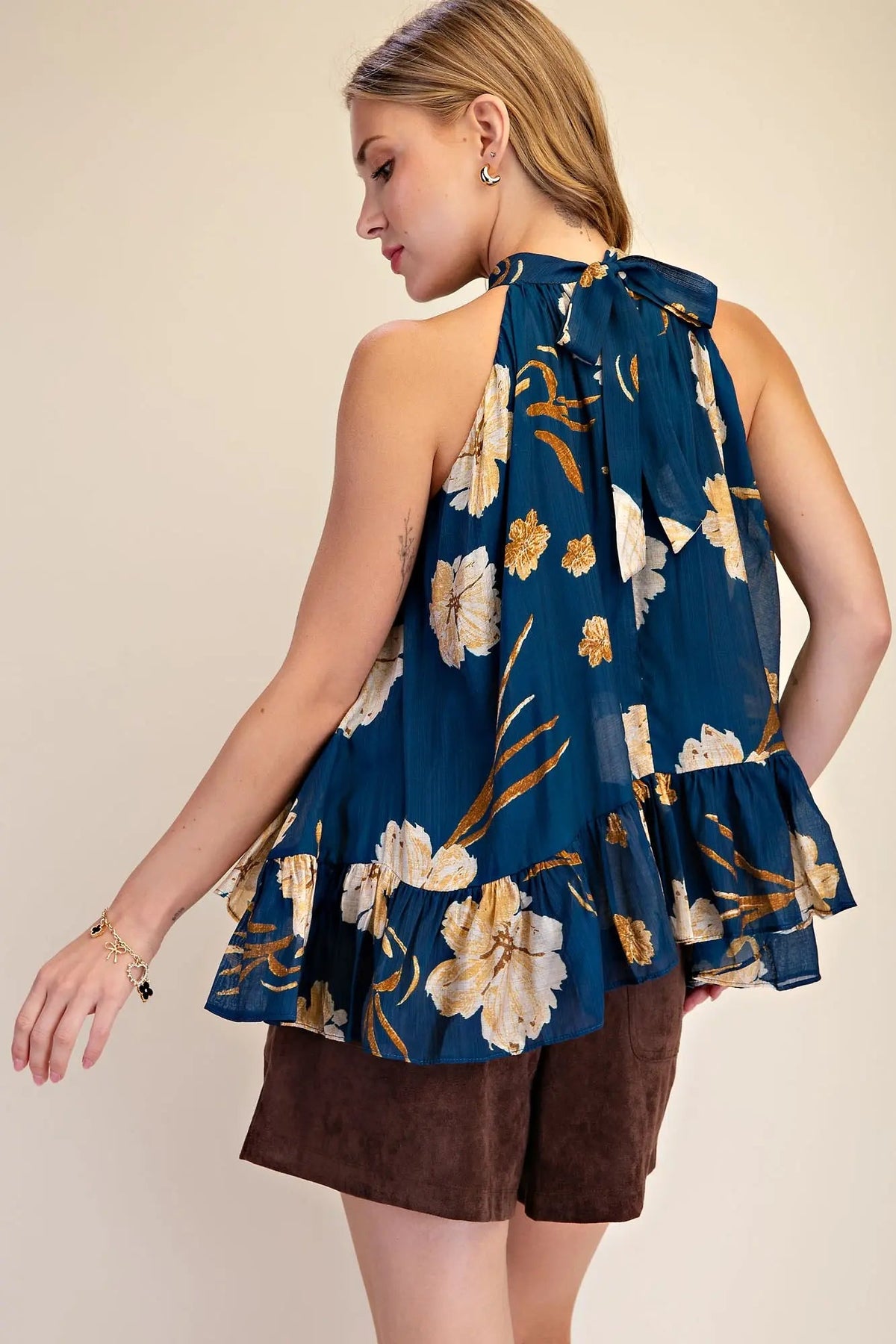 Glam Halter Neck Sleeveless Ruffle Hem Floral Top - Cowtown Bling N Things