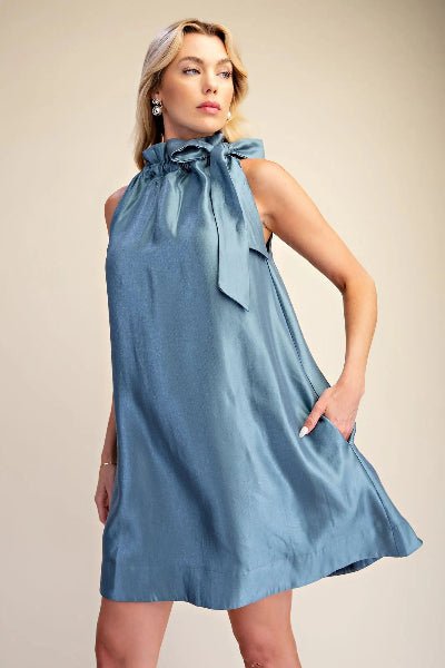Glam Ruffle Tie-Neck Sleeveless Mini Dress with Side Pockets - Cowtown Bling N Things