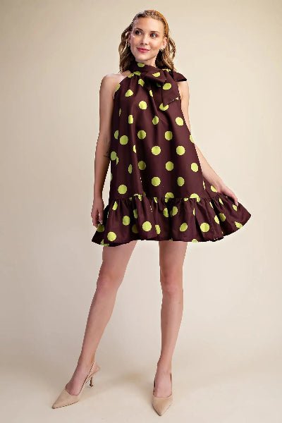 Glam Tie Neck Sleeveless Polka Dot Mini Dress - Cowtown Bling N Things
