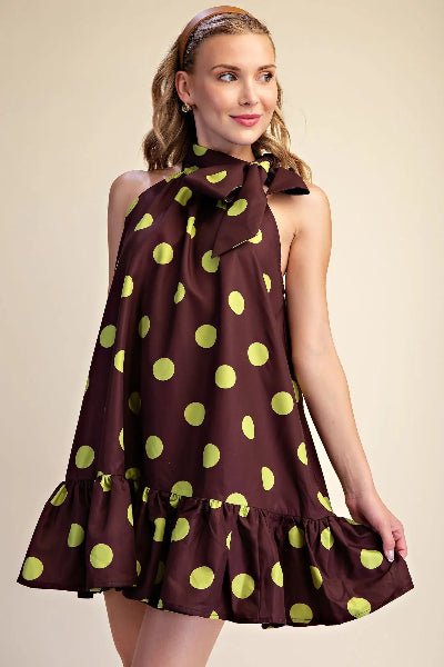 Glam Tie Neck Sleeveless Polka Dot Mini Dress - Cowtown Bling N Things