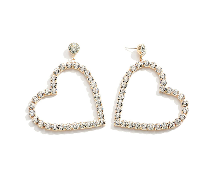 Gold Tone Heart Earrings with White Rhinestones - Cowtown Bling N Things