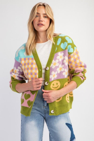 Easel| Patchwork Pattern Knit Sweater Cardigan| Green| S-L