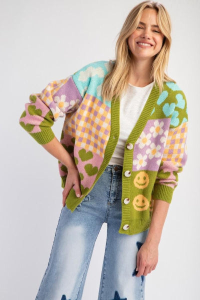 Easel| Patchwork Pattern Knit Sweater Cardigan| Green| S-L